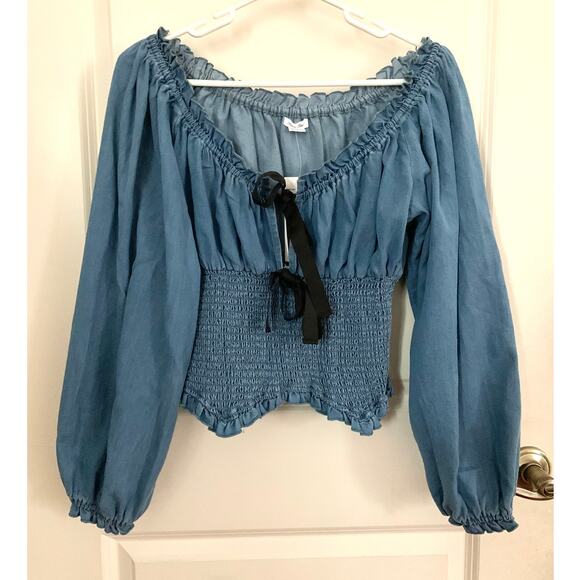 Urban Outfitters Kimchi Blue Marley Bow Front Long Sleeve Denim Blouse - Picture 5 of 11